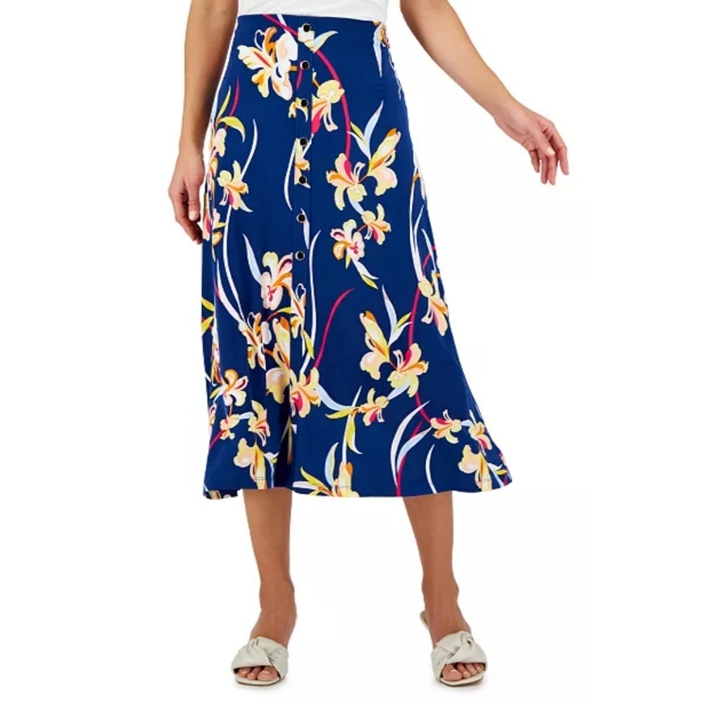 JM Collection Button-Front Midi Skirt Medium Navy Floral
